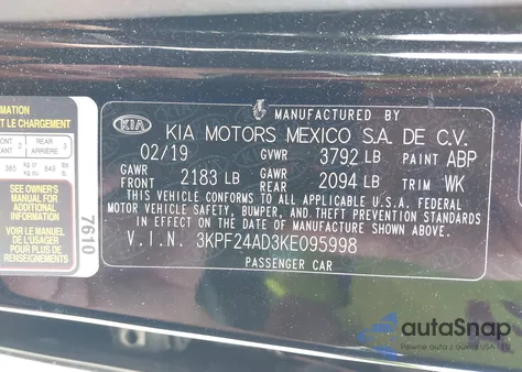 2019 Kia Forte Lxs from USA, damaged, VIN 3KPF24AD3KE095998
